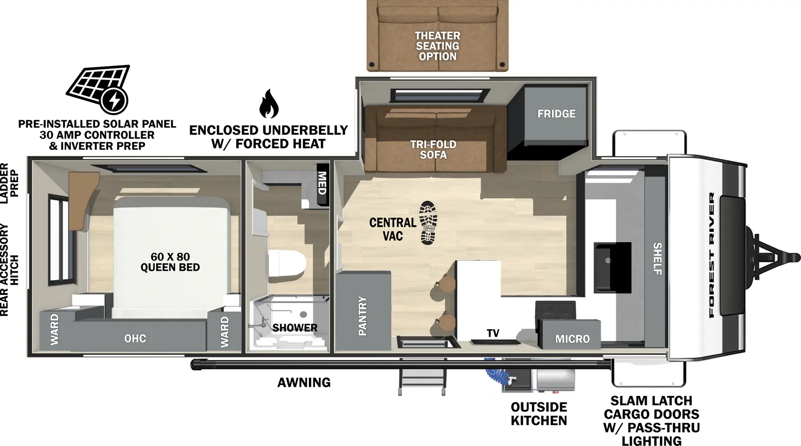 The Ibex 20FKDS floorplan has one entry and one slide out. Exterior features include: fiberglass exterior. Interiors features include: front kitchen, rear bedroom and pass through bathroom.